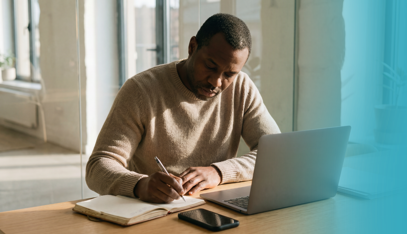 Homem estudando em um notebook e fazendo anotações